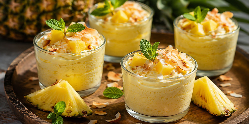 Four glasses of pineapple mousse topped with pineapple, toasted coconut, and mint on a wooden tray with pineapple wedges.