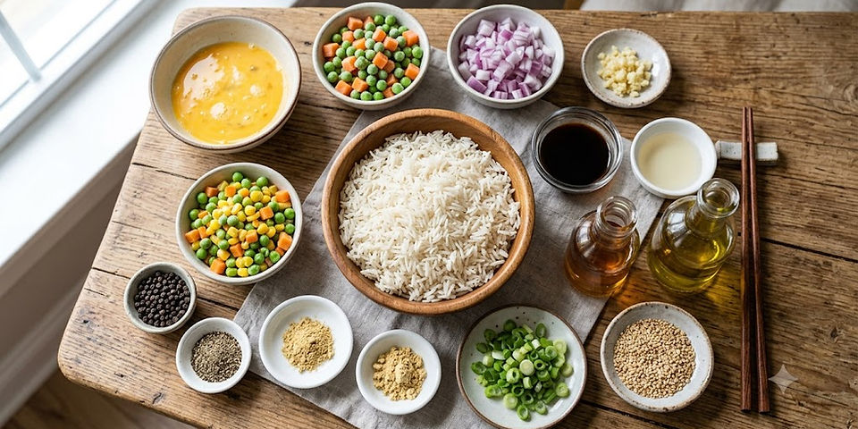 Ingredients for vegetarian fried rice arranged on a rustic wooden table, including cooked rice, peas, carrots, corn, diced onion, garlic, eggs, soy sauce, sesame oil, rice vinegar, seasonings, green onions, and sesame seeds.