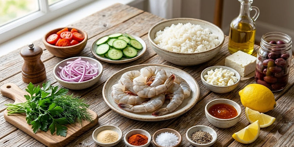 Fresh ingredients for a Hot Honey Shrimp Bowl including raw shrimp, cooked rice, cherry tomatoes, cucumber, red onion, Kalamata olives, feta cheese, fresh herbs, lemon, hot honey, olive oil, and seasonings arranged on a rustic wooden table.