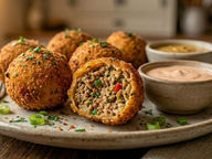 Crispy Cajun boudin balls with one cut open to show sausage and rice filling