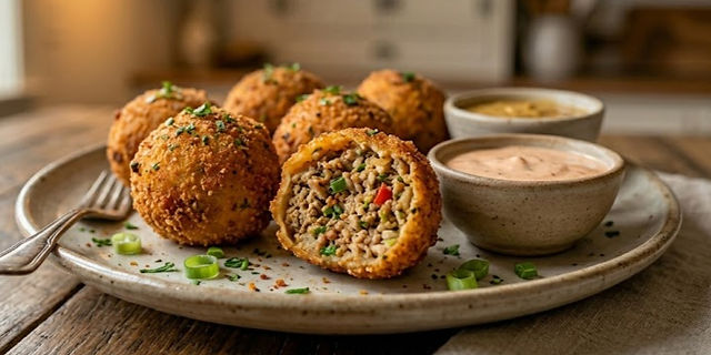 Crispy Cajun boudin balls with one cut open to show sausage and rice filling