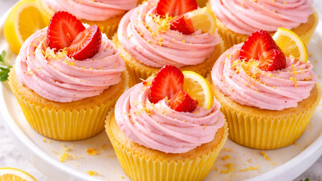 Yellow cupcakes topped with pink frosting, strawberries, lemon slices, and zest on a white platter. Bright and cheerful setting.