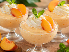 Three glass dessert cups filled with creamy peach mousse, topped with whipped cream and garnished with fresh peach slices and mint leaves.