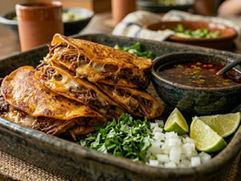 Golden crispy birria tacos stuffed with tender shredded beef and melted cheese, served with consommé, lime wedges, onions, and cilantro.