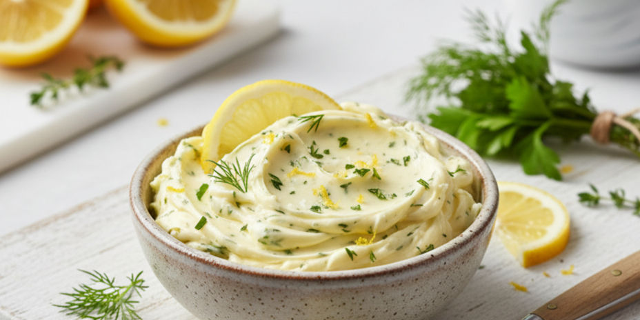 Creamy herb butter in a bowl, garnished with lemon slices and dill. Set on a wooden board with fresh herbs and lemons nearby.