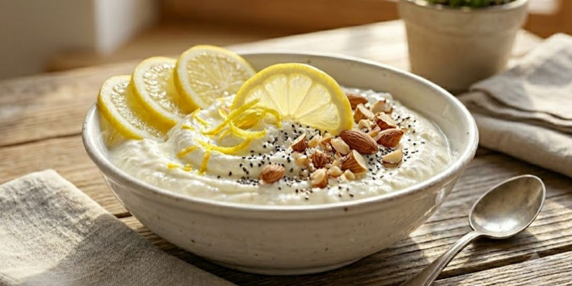 Creamy cottage cheese bowl topped with sliced lemons, almonds, chia seeds, and lemon zest in a white dish, creating a fresh, vibrant look.