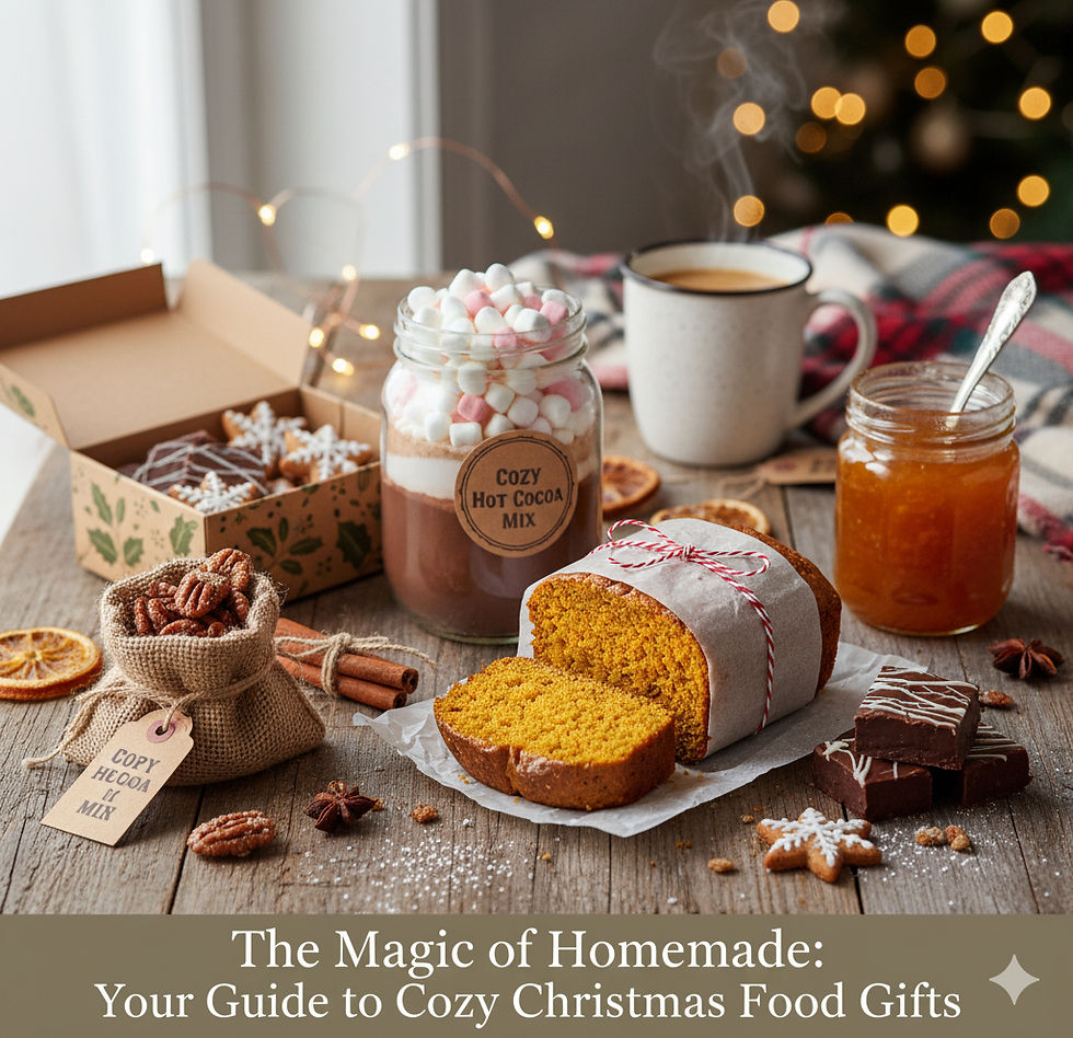 Cozy Christmas scene: loaf cake, hot cocoa mix, pecans, honey jar, and cookies on a wood table. Warm, festive lights and plaid blanket.