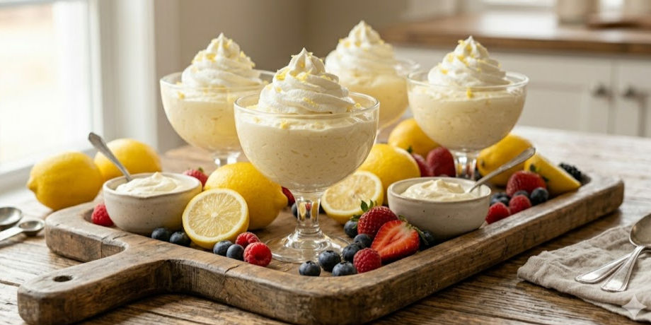Lemon mousse in glass cups on a wooden tray, surrounded by lemons, strawberries, blueberries and raspberries on a rustic table