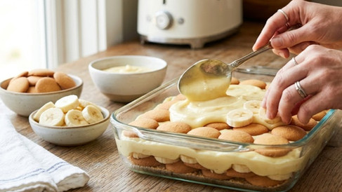 Hands layering creamy vanilla pudding over vanilla wafers and fresh banana slices in a glass baking dish while assembling classic banana pudding.