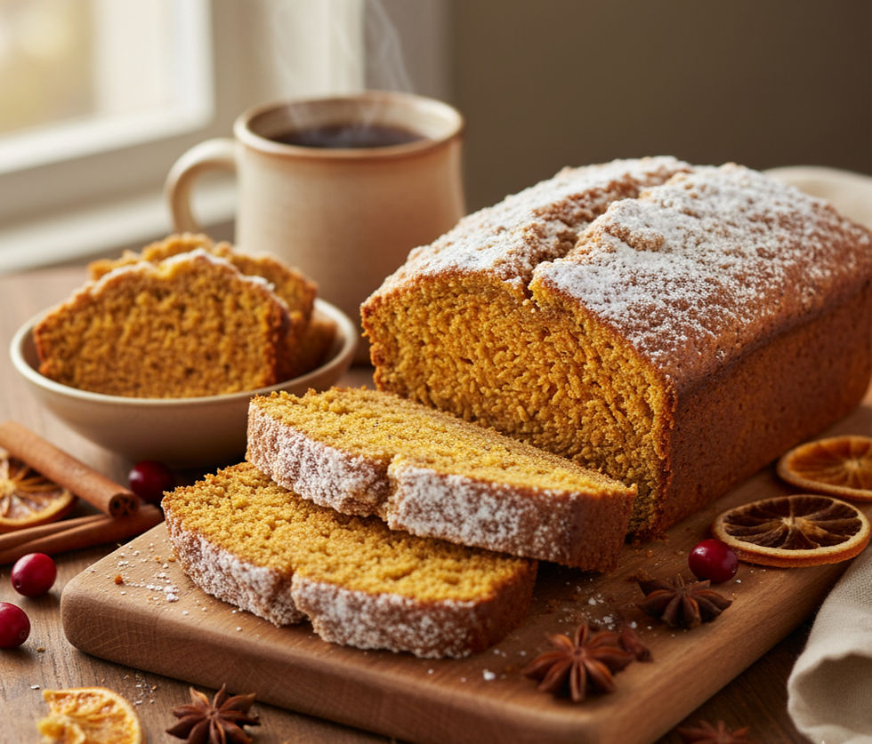 Loaf of pumpkin bread with sugar dusting, sliced on a wooden board, surrounded by spices. A steaming cup of coffee is in the background.