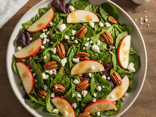 Fresh salad with spinach, apple slices, pecans, and feta on a wooden table. A salt shaker and white cloth are visible beside it.