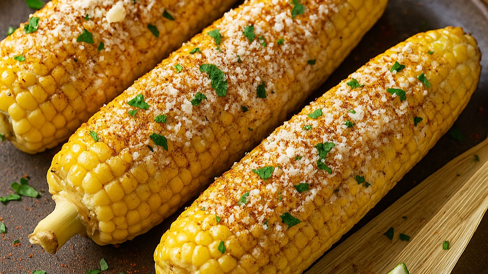 Three corn cobs topped with cheese, chili powder, and cilantro on a dark plate. A rustic, appetizing presentation with vibrant yellow and green.
