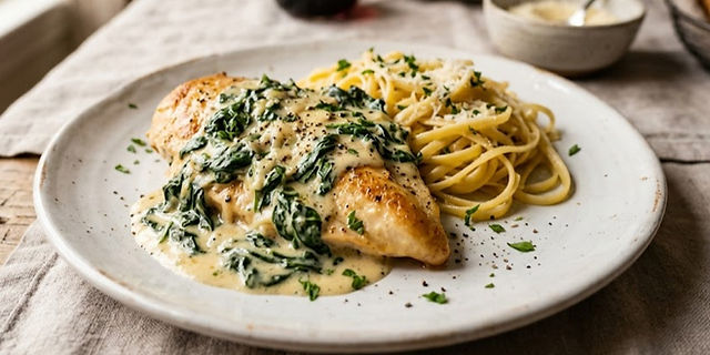 Tender chicken breast covered in creamy spinach Parmesan sauce and served with buttered pasta on a rustic dinner plate.