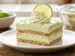 Slice of Key Lime Icebox Cake with creamy lime filling, graham cracker layers, whipped cream, and a fresh lime garnish.