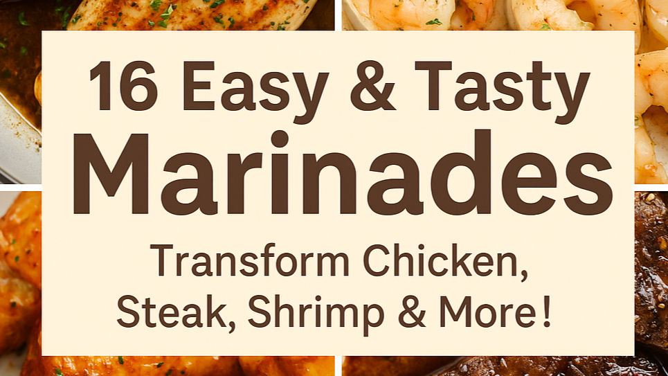 Collage of grilled chicken, shrimp, and steak. Text reads: "16 Easy & Tasty Marinades. Transform Chicken, Steak, Shrimp & More!"