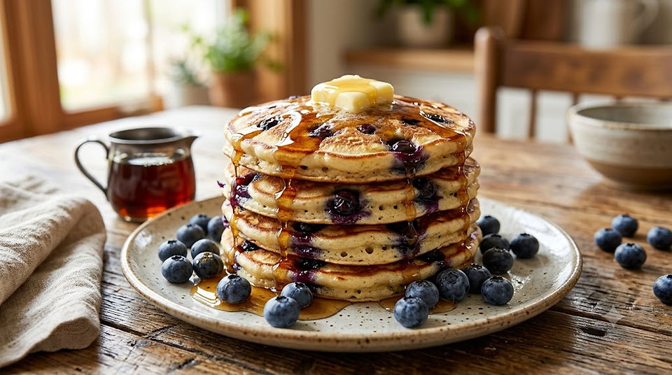 Stack of fluffy blueberry pancakes topped with butter, maple syrup, and fresh blueberries on a rustic breakfast table.