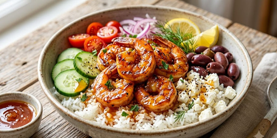 Hot Honey Shrimp Bowl with cucumber, tomatoes, olives, feta, lemon, and sauce on a rustic table.