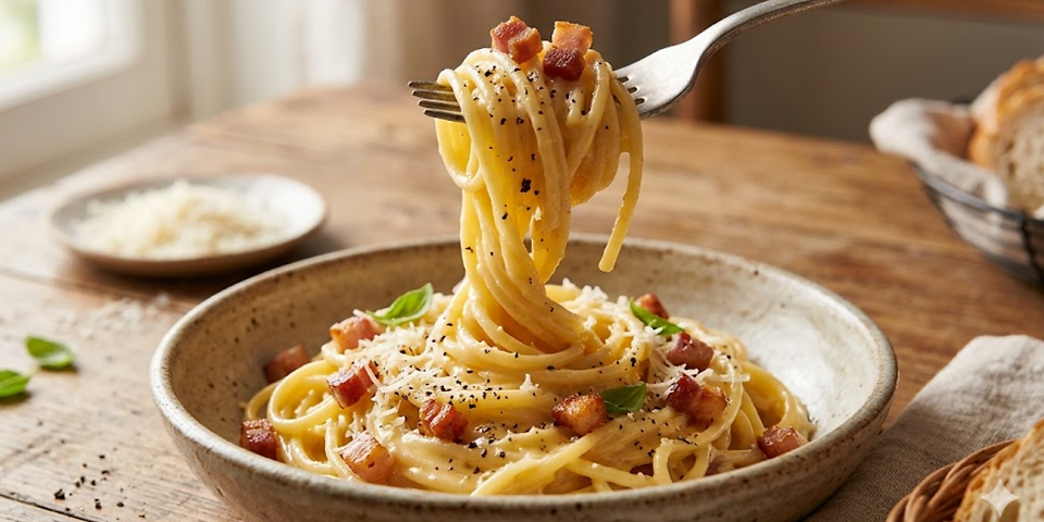 Creamy Spaghetti Carbonara twirled around a fork, topped with crispy pancetta, Parmesan cheese, and freshly cracked black pepper in a rustic bowl.