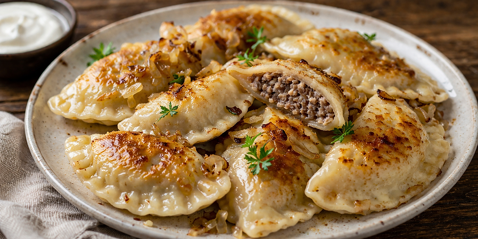 Golden-brown pierogi with meat filling on a plate, garnished with herbs. Saucer of sour cream beside. Wooden table background. Cozy vibe.