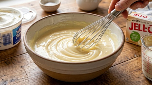 Whisk mixing creamy vanilla pudding in a large bowl with containers of whipped topping and vanilla pudding mix nearby on a wooden countertop.