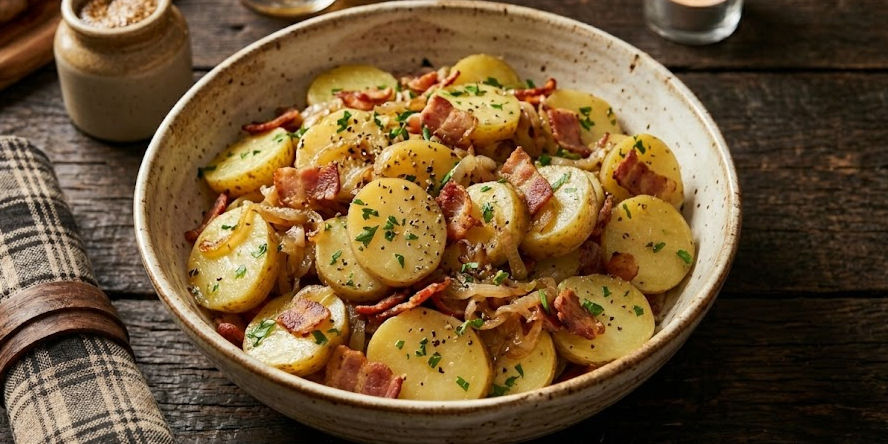 Bowl of warm potato salad with bacon bits, herbs, and onions on a rustic wooden table.
