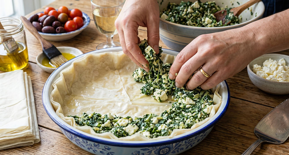 Hands filling a pie with spinach and cheese in a blue dish, set on a wooden table with a bowl of tomatoes, olives, and a brush by olive oil.