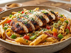 Bowl of creamy Cajun chicken pasta with sliced blackened chicken, penne pasta, colorful bell peppers, Parmesan cheese, and fresh parsley garnish.
