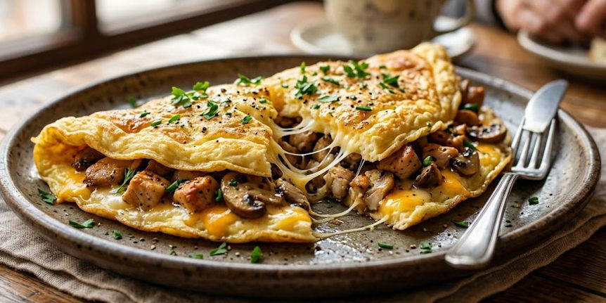 Chicken mushroom and cheese omelet filled with savory vegetables and melted cheese