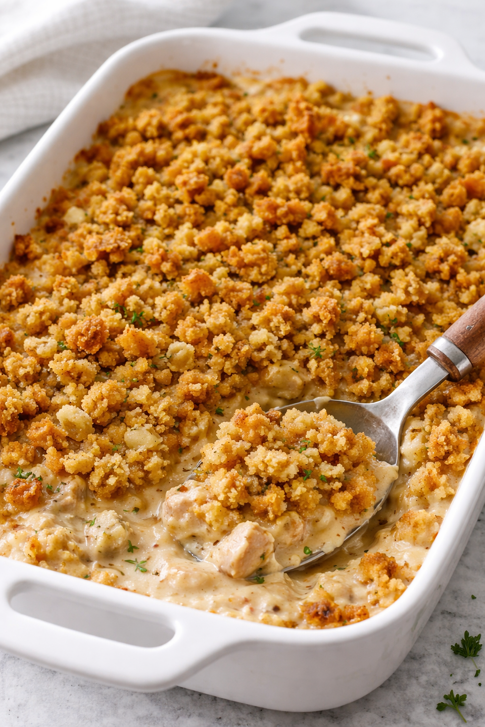 Golden-brown breadcrumb-topped casserole with creamy chicken is served in a white dish. A spoon is scooping a portion.
