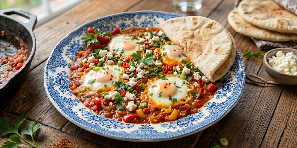 Shakshuka with eggs, herbs, and feta on a blue-patterned plate with pita bread beside. Rustic wooden table setting, fresh and vibrant mood.