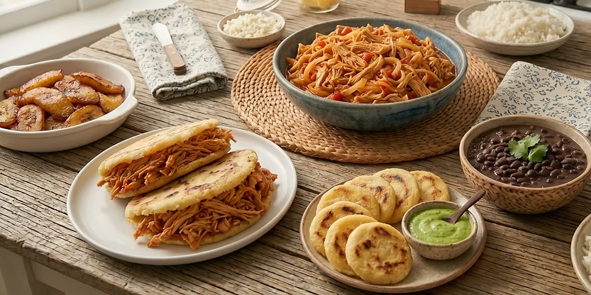 Assorted Latin dishes on a wooden table: arepas with shredded meat, black beans, plantains, rice, and green sauce, creating a cozy atmosphere.
