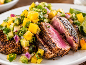 Seared tuna with mango-avocado salsa on a white plate, garnished with lime wedges. The vibrant colors create a fresh and appetizing look.