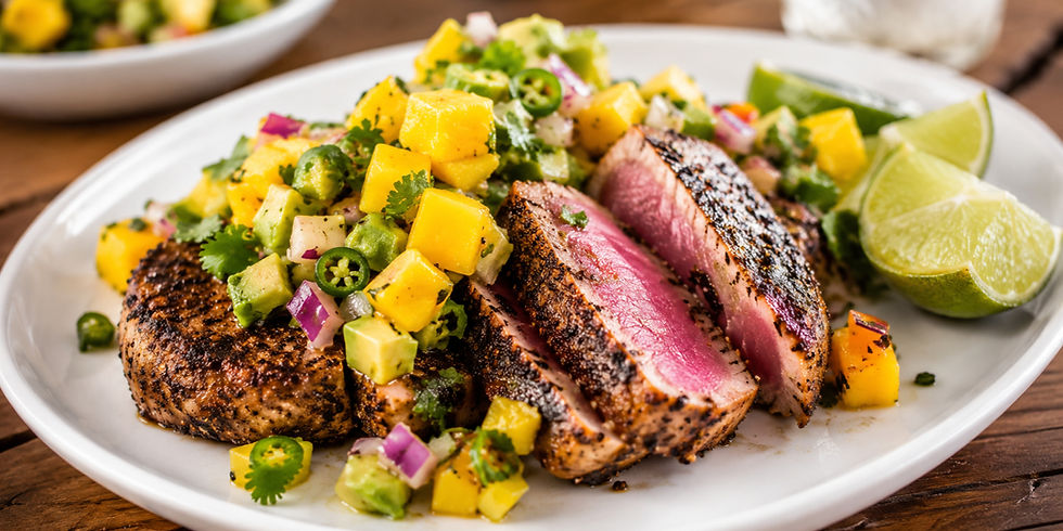 Seared tuna with mango-avocado salsa on a white plate, garnished with lime wedges. The vibrant colors create a fresh and appetizing look.