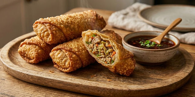 Crispy air fryer pork and cabbage egg rolls sliced open with dipping sauce