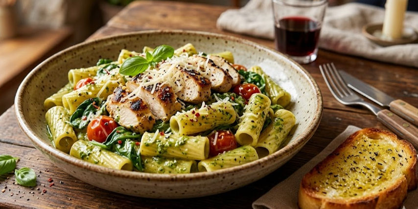 Bowl of rigatoni with grilled chicken, cherry tomatoes, and spinach, garnished with cheese. Glass of red wine and garlic bread nearby. Rustic setting.