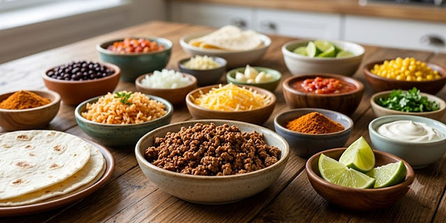 Ingredients for homemade Mexican Beef Burritos including seasoned ground beef, flour tortillas, cooked rice, black beans, shredded cheese, salsa, corn, onions, garlic, cilantro, and lime wedges arranged on a rustic wooden table.