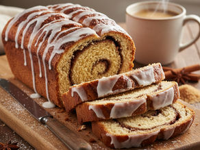 Sliced cinnamon swirl bread with icing on a wooden board, next to a steaming cup of coffee. Warm, inviting kitchen setting.