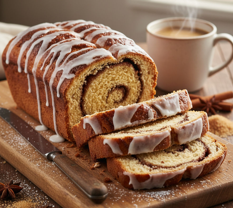 Sliced cinnamon swirl bread with icing on a wooden board, next to a steaming cup of coffee. Warm, inviting kitchen setting.
