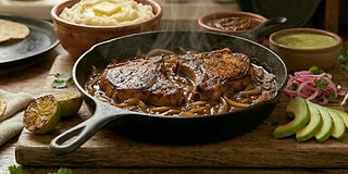 Smothered pork chops in onion gravy served in a cast iron skillet with caramelized onions and mashed potatoes.