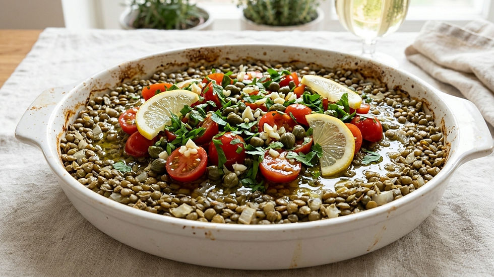 White dish with lentils topped with cherry tomatoes, lemon slices, capers, and parsley. Set on a light cloth, background has potted plants.