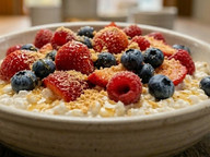 Creamy cottage cheese bowl topped with fresh strawberries, blueberries, raspberries, and graham cracker crumbs for a cheesecake-inspired breakfast.