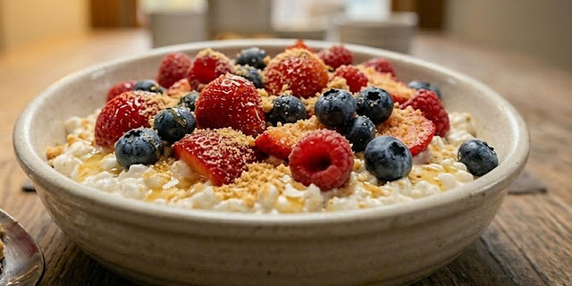 Creamy cottage cheese bowl topped with fresh strawberries, blueberries, raspberries, and graham cracker crumbs for a cheesecake-inspired breakfast.