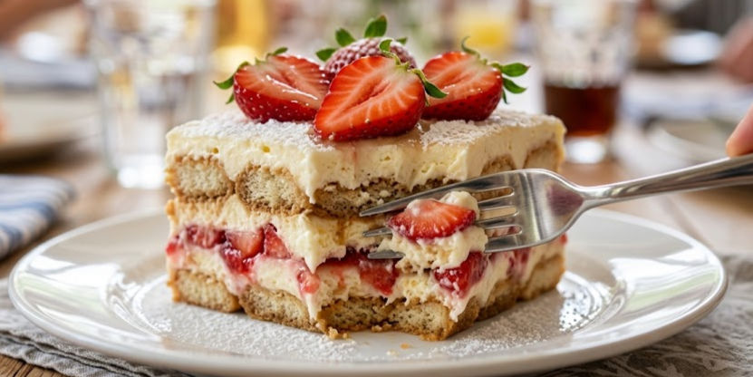 Fork cuts into layered strawberry tiramisu on a white plate, topped with fresh berries in a bright cafe setting.