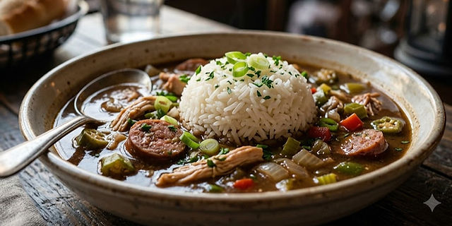 Bowl of Cajun chicken and sausage gumbo with white rice, sliced sausage, vegetables, and green onion garnish in a rich dark roux-based broth.