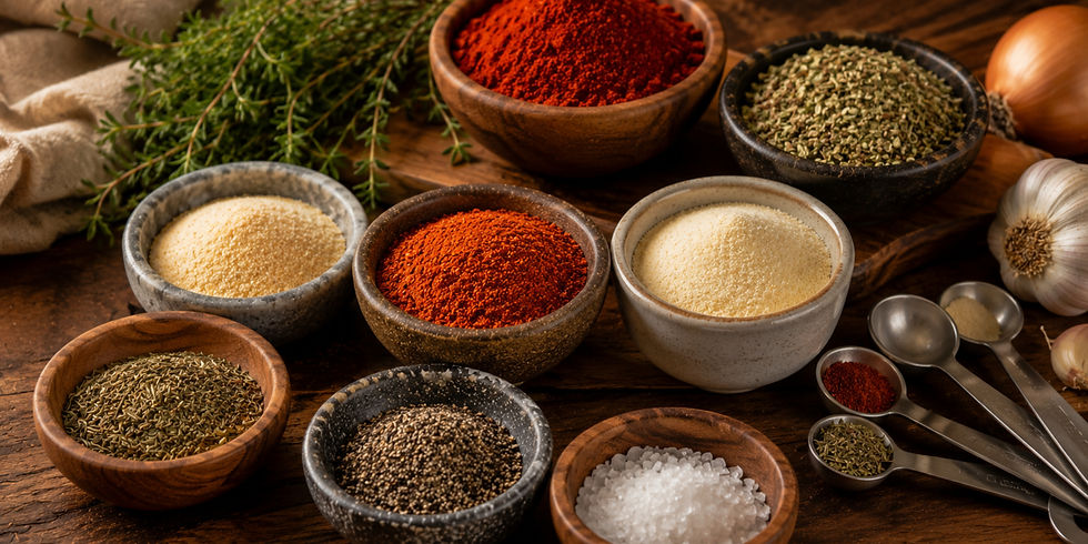 Bowls with various spices like red pepper and herbs, surrounded by garlic, onion, and thyme on a rustic wooden table. Measuring spoons nearby.