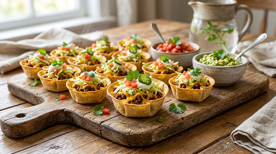 Crispy baked Mini Taco Cups filled with seasoned ground beef, melted cheese, lettuce, tomatoes, cilantro, and sour cream arranged on a rustic serving board.