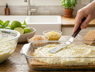 Spreading creamy pineapple coconut filling over graham crackers in a glass baking dish while assembling layers for a Pineapple Coconut Icebox Cake.