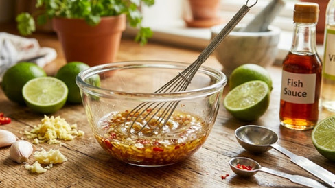 Thai lime dressing being whisked in a clear glass bowl on a wooden countertop, surrounded by fresh lime halves, minced garlic, red chili, measuring spoons, and a bottle of fish sauce.