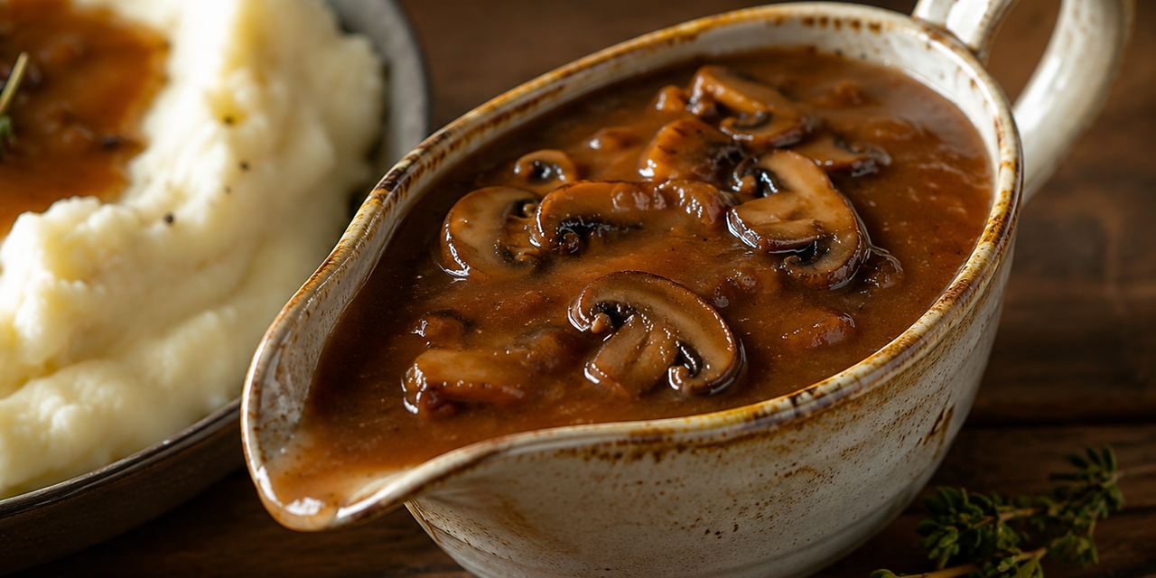 Rustic gravy boat filled with rich brown mushroom gravy featuring sliced mushrooms and a glossy homemade texture.