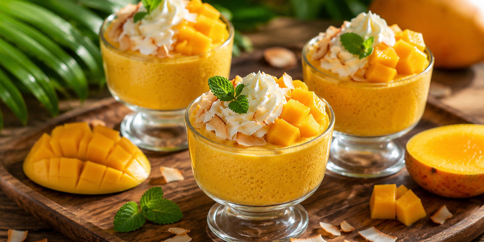 Three mango mousse cups topped with whipped cream, mango cubes and mint on a wooden tray with sliced mangoes and coconut flakes.